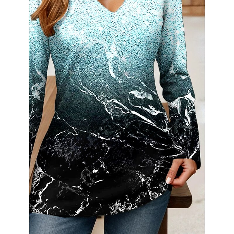 Women's T Shirt Ombre Graphic Abstract Stylish Classic Casual Long Sleeve V Neck Regular Tops Daily Cut Out Print Light Blue Spring Fall3