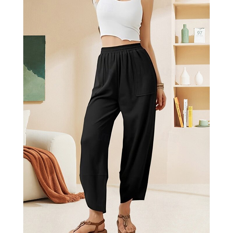 Women's Wide Leg Slacks Streetwear Casual Full Length Natural Plain Pocket Elastic Waist Soft Street Holiday Daily Wear claret Black Fall Regular Fit
