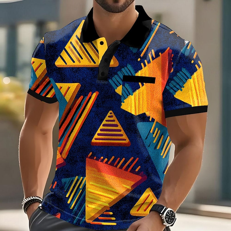 Men's Geometric Pattern Polo Short Sleeve Polo Shirts Collared Shirts Casual Outdoor Athleisure Daily Wear Pocket 3D Print Buttons Summer Yellow Red Blue