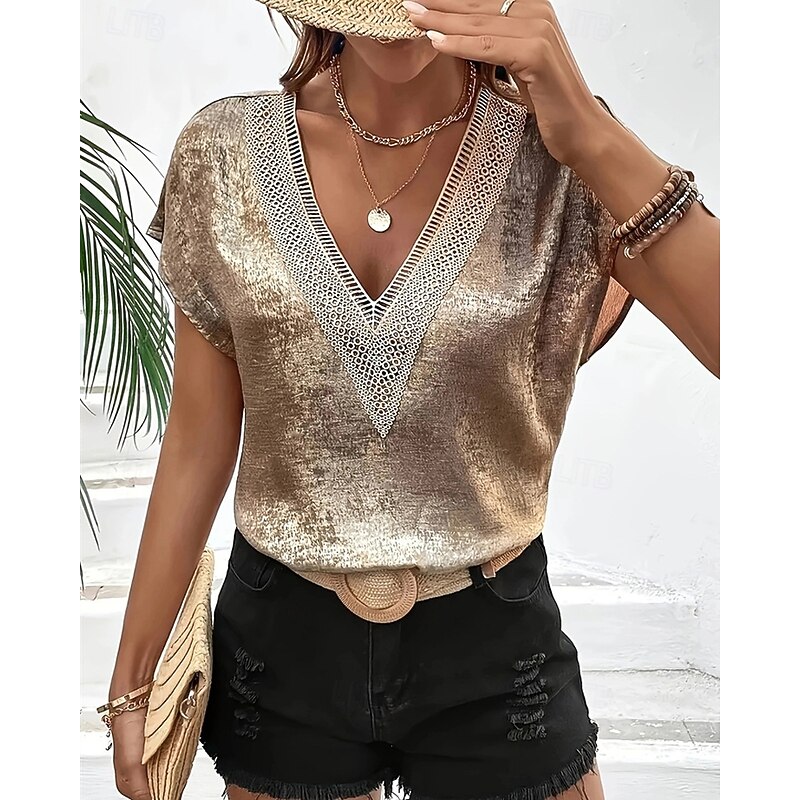 Women's Sequin Sparkly Party Glitter Plain Fashion Modern Short Sleeve V Neck Regular Tops Daily Sequins Patchwork Gold Summer2