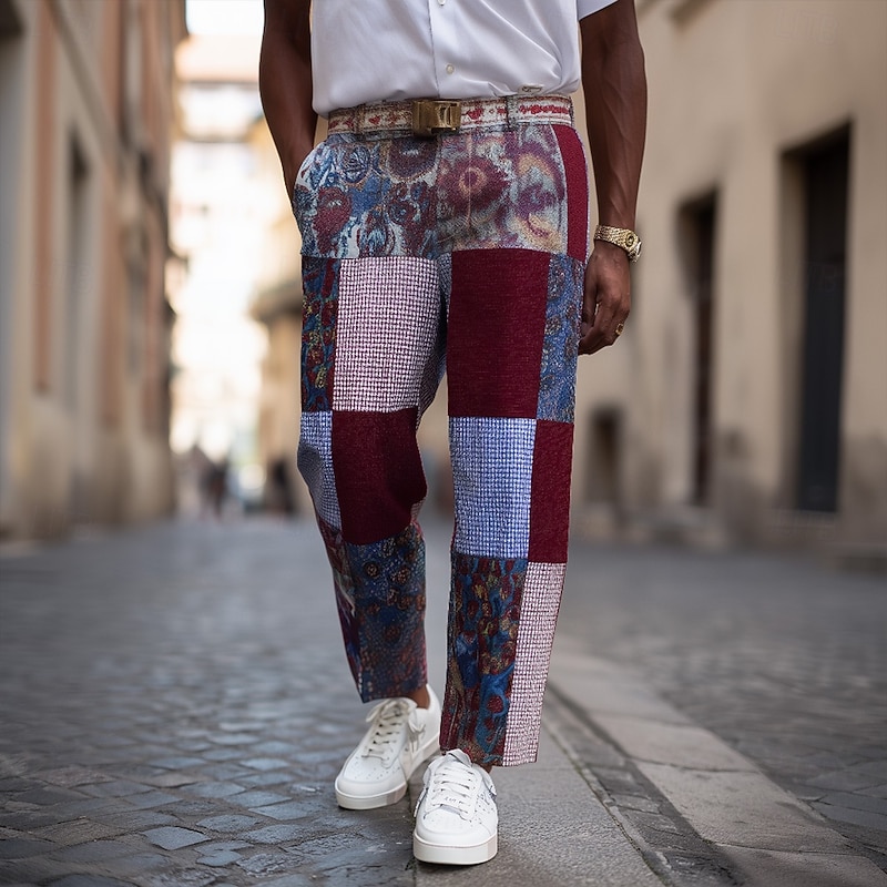Men's Color Block Patchwork Dress Pants Trousers Suit Pants Mid Waist Ethnic Vintage Retro Outdoor Holiday Regular Fit Flat-Front Straight Leg Pants with Pockets Summer Spring Fall 3D Print Wine khaki2