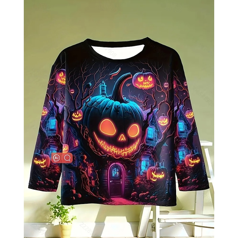 Halloween Boys' 3D Pumpkin T shirt Tee Long Sleeve Spring Fall Fashion Basic Kids 4-12 Years Crew Neck Outdoor Casual Daily Regular Fit2