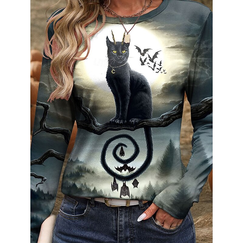 Sarah Richter Halloween Women's T shirt Black Cat Long Sleeve Crew Neck Long Sleeve Tunic Graphic Animal Cat Vintage Stylish Round Neck Regular Tops Daily Weekend Print Sage Green Fall Prefall3