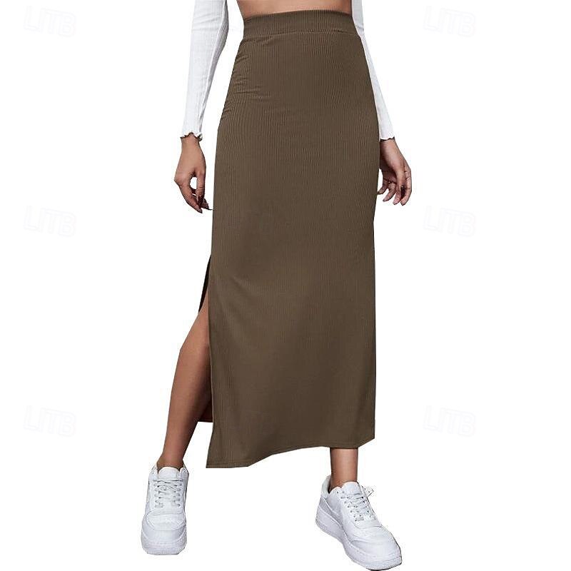 Women's Skirt Casual Maxi Mid Rise Skirts Plain Split Ends Micro-elastic Vacation Street Black Red Light Brown Brown Summer Polyester3
