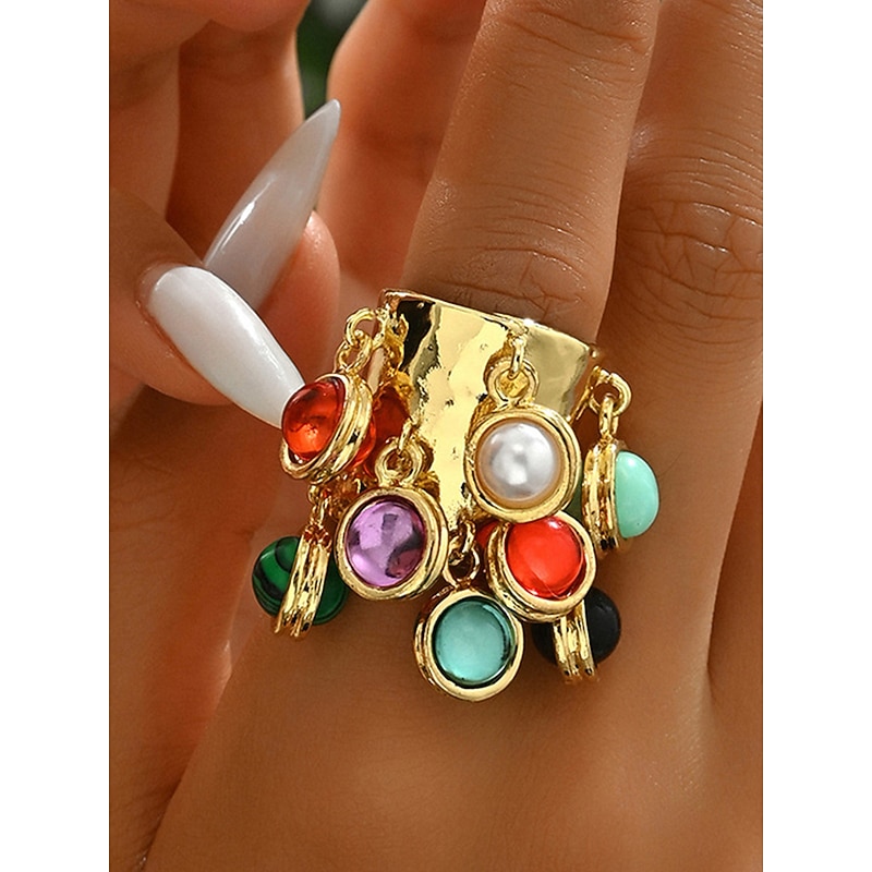 Women's Gold Chunky Ring with Colorful Charms - Boho Statement Cocktail Jewelry for Parties and Festivals2