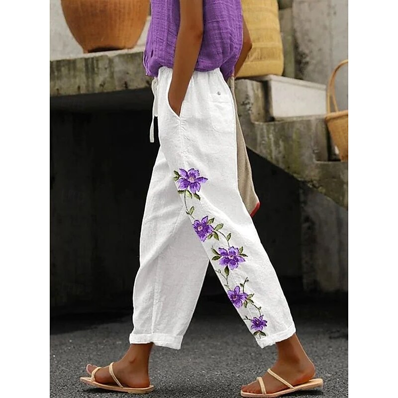 Women's Chinos Vacation Vintage Casual Ankle-Length High Waist Floral Graphic Pocket Soft Outdoor Breathable Inelastic Outdoor Vacation Street White / Green Lilac Summer Spring Fall Regular Fit4