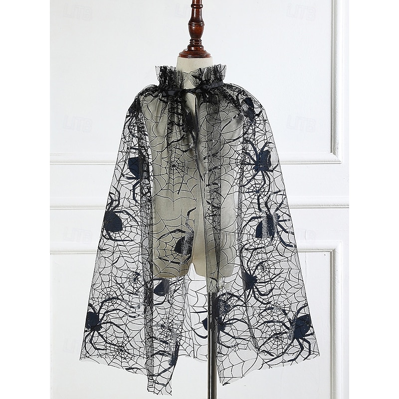 Women's Halloween Spider Web Cape – Sheer Black Mesh Shawl with Ruffled Collar, Lightweight Polyester Cloak for Costume Party, Cosplay and Witch Outfit2