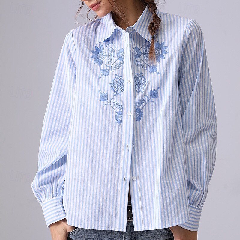 Women's Shirt Button Down Blouse Floral Striped Elegant Bohemia Vintage Long Sleeve Shirt Button Down Blouse Collar Regular Tops Work Daily Holiday Embroidered 1# Original light blue-BLUE