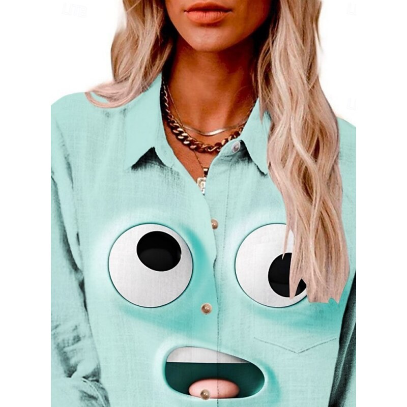 Women's Cartoon Funny Smile Face Shirt Collar Regular Tops Daily Holiday Buttons Print Blue Light Blue Summer Spring Fall2
