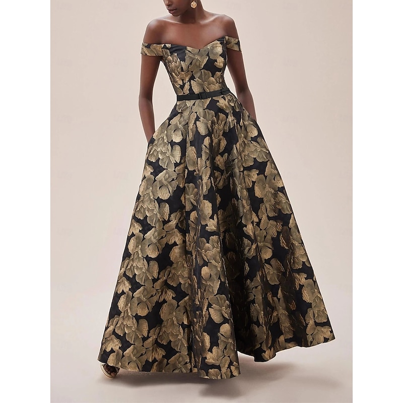 Black and Gold A-Line Evening Gown Elegant Dress Formal Wedding Floor Length Short Sleeve Off Shoulder Pocket Nylon with Slit