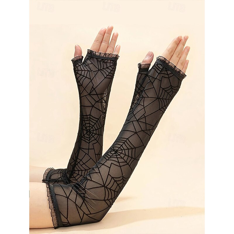 Women's Halloween Spider Web Mesh Gloves – Stretchy Black Gothic Arm Warmers, Fingerless Design, Cosplay Party Costume Accessories4