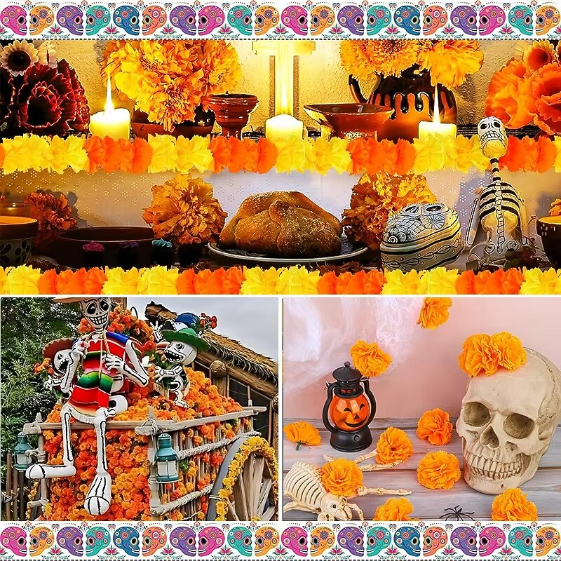 Mexico Day of the Dead Decoration Halloween Outdoor Marigold Flower Ball Cloth Field Flower String Scene Arrangement Atmosphere Props2