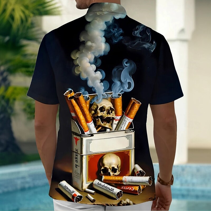 Men's Skull Cigarette Halloween Costumes Shirt Summer Shirt Button Up Shirt Short Sleeve Vintage Retro Outdoor Vacation Dailywear Summer Spring Turndown 3D Print Collared Shirts Front One Pocket Black2
