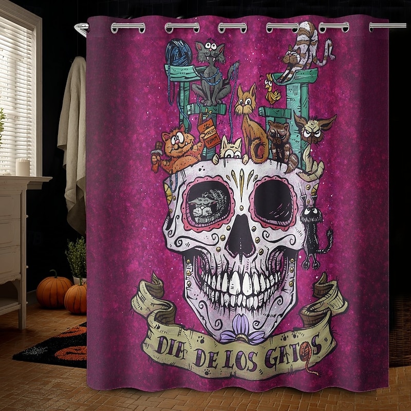 Dia De Los Gatos and Dia De Los Perros by David Lozeau Halloween ShowerCurtain with Hooks Polyester Washable Waterproof Pattern Bathroom Bathtub Decor