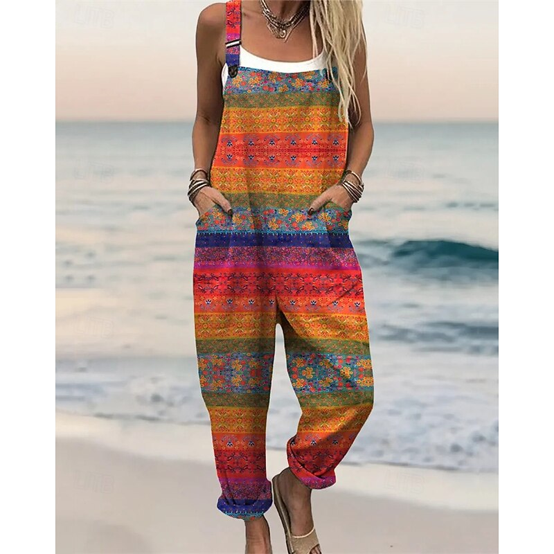 Women's Normal Jumpsuit Streetwear Floral Short Sleeve Wide Leg U Neck Pocket Print Street Daily Regular Fit Orange Summer