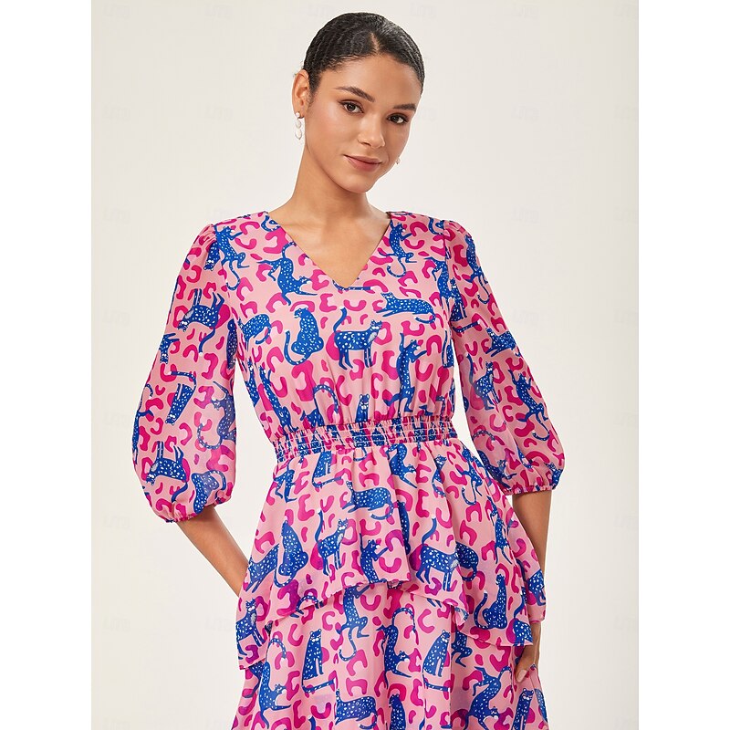 Pink Leopard Chiffon Cinched Peplum Dress2