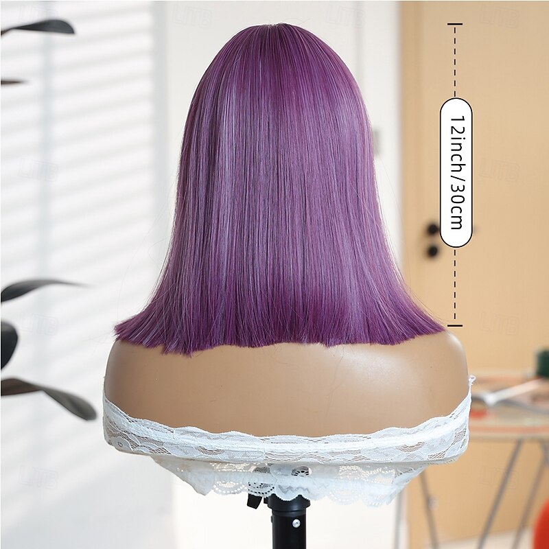 Women's 12″ Purple Straight Halloween Wig – Synthetic Hair with Bangs, Ideal for Spooky Cosplay & Everyday Fashion4