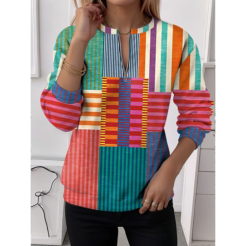 Women's Pullover Sweatshirt Zip Up Sweatshirts Graphic Plaid Fashion Casual Long Sleeve Crew Neck Regular Tops Street Dailywear Zipper Print Red Blue Orange Brown Khaki Fall Winter