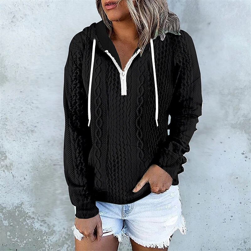 Women's Texture Sweatshirt Pullover Hoodie Sweatshirt Plain Streetwear Casual Comfy Long Sleeve Hooded Regular Tops Street Holiday Going out Half Zipper Quarter Zipper Print Quarter Zip Black White3