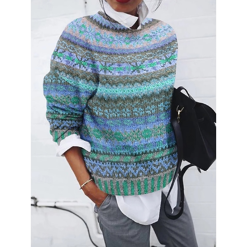 Women's Sweater Casual Soft Geometric Pure Color Ribbed Crew Neck Knitted Print Long Sleeve Regular Tops Knit Outdoor Daily Weekend Red Blue Fall Winter3