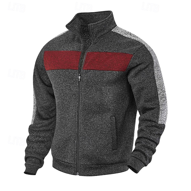 Men's Sweatshirt Full Zip Sweatshirt Black Red Green Light Grey Dark Gray Standing Collar Plain Patchwork Sports & Outdoor Casual Daily Streetwear Cool Sportswear Spring &  Fall Clothing Apparel