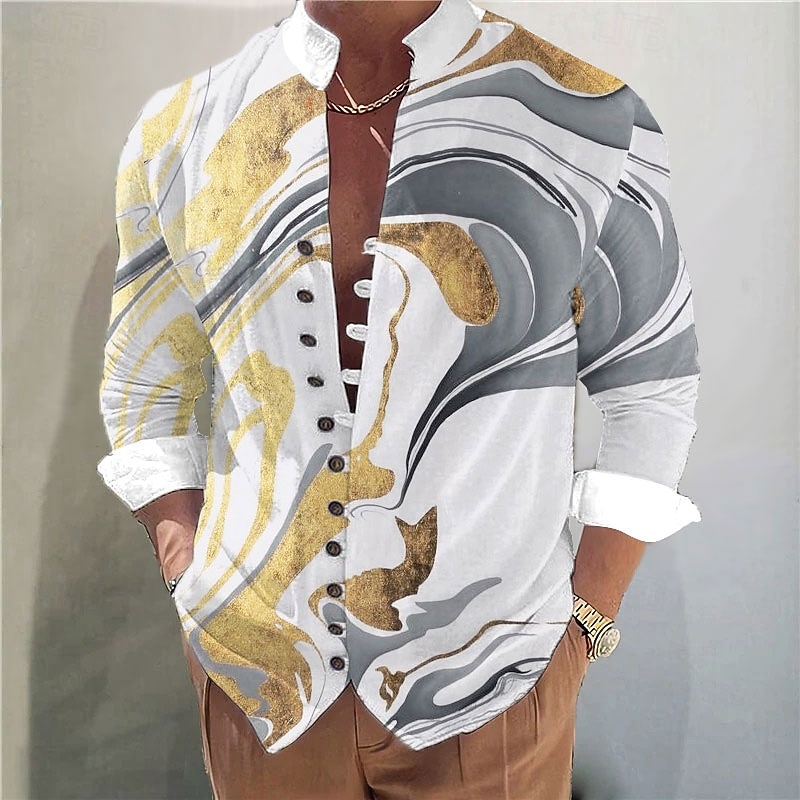 Men's Marble Abstract Liquid Art Shirt Stand Collar Shirt Long Sleeve Casual Vacation Daily Wear Going out Spring Fall Mandarin Collar Band Collar Button-Down Linen Like Shirt Pink Blue Gold Green