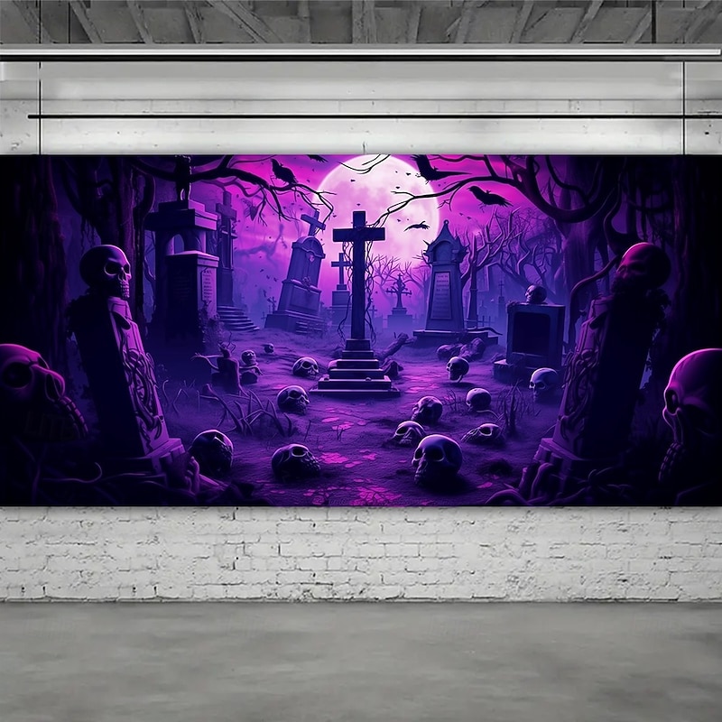 Halloween Garage Door Cover Neon Haunted Graveyard Banner, Glowing Blacklight Backdrop Decoration for Holiday Outdoor Garage Door and Home Wall, 2025 Halloween Decorations3