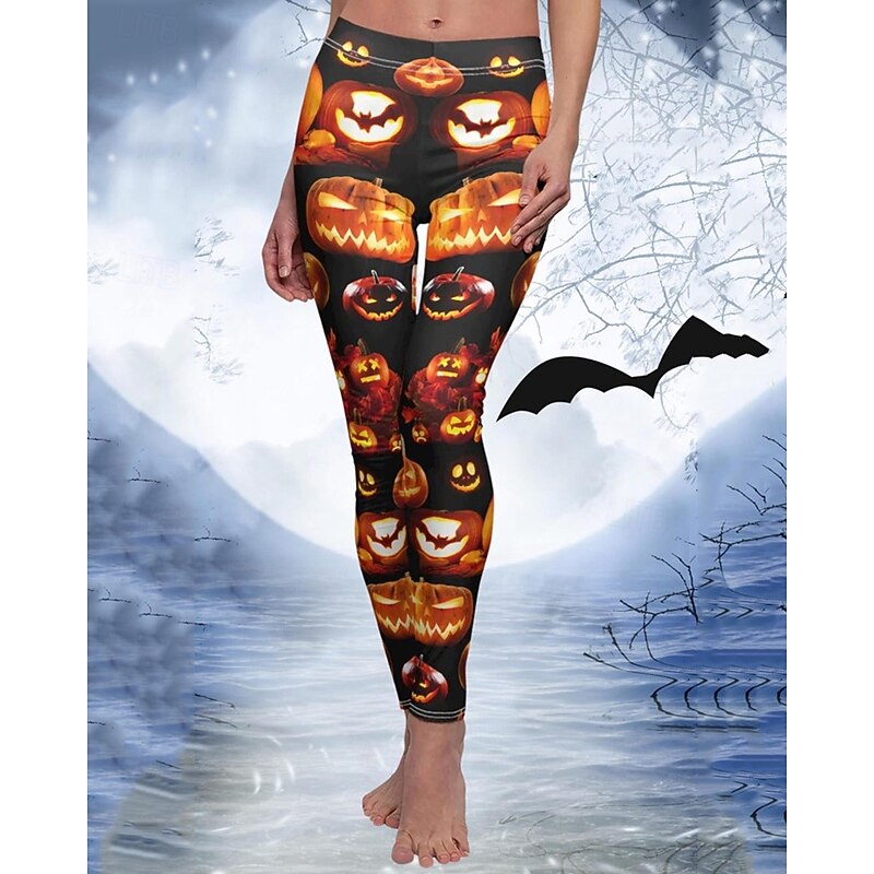 Women's Pants Trousers Leggings Streetwear Casual Full Length High WaistPantsHalloween Pumpkin Elastic Waist Print Breathability Comfortable Stretchy Vacation Street Daily Wear Orange Spring Fall