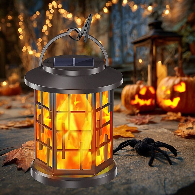 1 Pc Halloween Christmas Outdoor Waterproof Solar Simulation Flashing Flame Lantern 20LED Beads Courtyard Garden Lawn Path Terrace Hanging Light Pendant Decorative Light Landscape Light