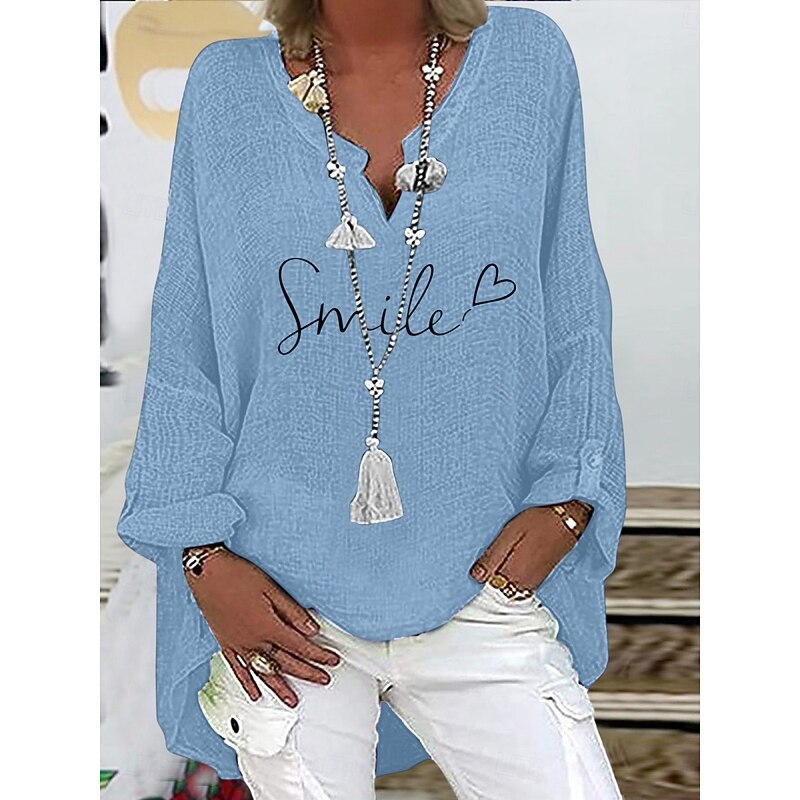 Women's Cotton Shirts Letter Basic Casual Long Sleeve V Neck Regular Tops Daily Print Black Navy Blue Sky Blue Summer Spring Fall