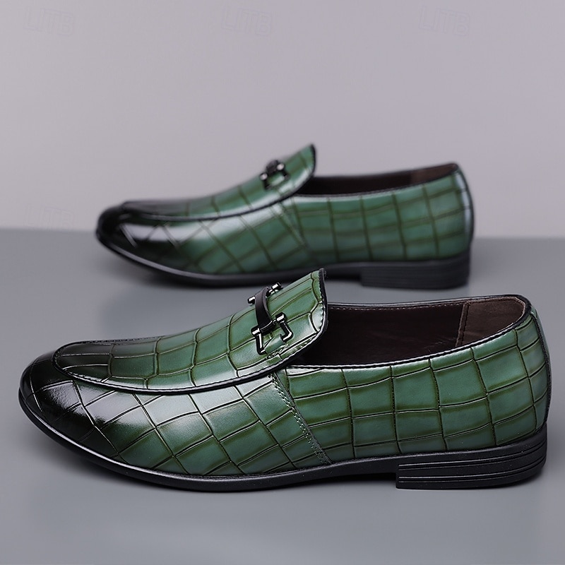 Green Crocodile-Patterned Slip-On Loafers for Men – Casual Business Style, Comfortable Faux Leather Shoes for Office and Daily Wear4