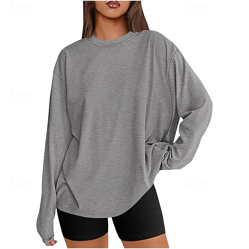 Women's Texture Blouse T Shirt Plain Fashion Modern Long Sleeve Crew Neck Regular Tops Daily Black White Gray Summer3