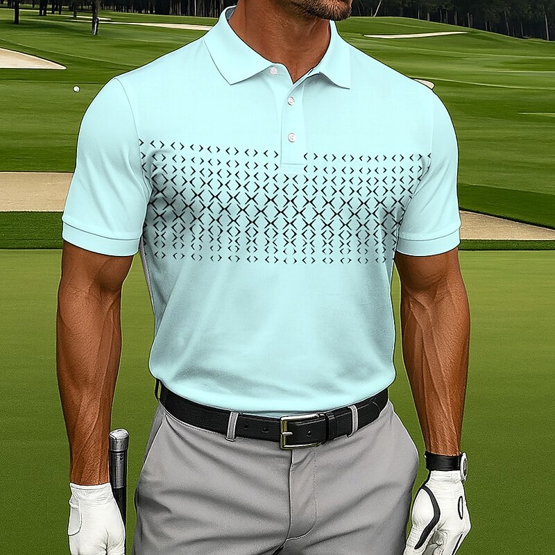 Men's Polo Casual Sports Turndown Short Sleeve Fashion Leisure Geometic Golf 3D Print Buttons Summer Lake Blue White Blue Lilac-Pink Polo2
