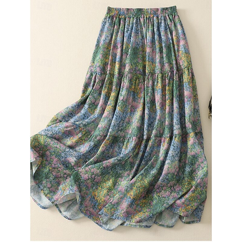 Women's Skirt A Line Fashion Casual Maxi High Waist Skirts Floral Print Stretchy Street Daily Green Summer Polyester2