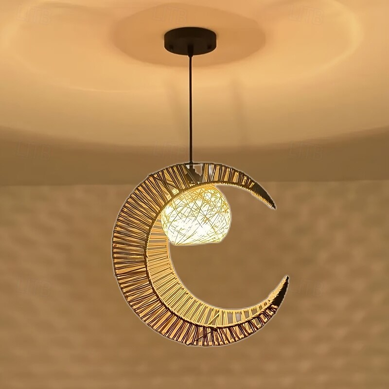 Country Vintage Crescent Moon Pendant Light, Metal Braided Rope Material, 40cm Height, Warm White/White Light, E26 E27, Adjustable Chain
