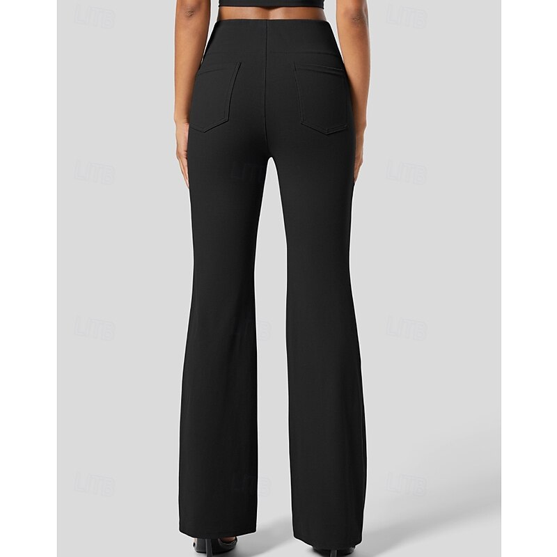 Women's Wide Leg Bell Bottom Slacks Streetwear Casual Full Length Natural Plain Pocket Elastic Waist Comfy Outdoor Vacation Holiday Dark-Gray Black Army Green Dark Blue Fall Regular Fit3