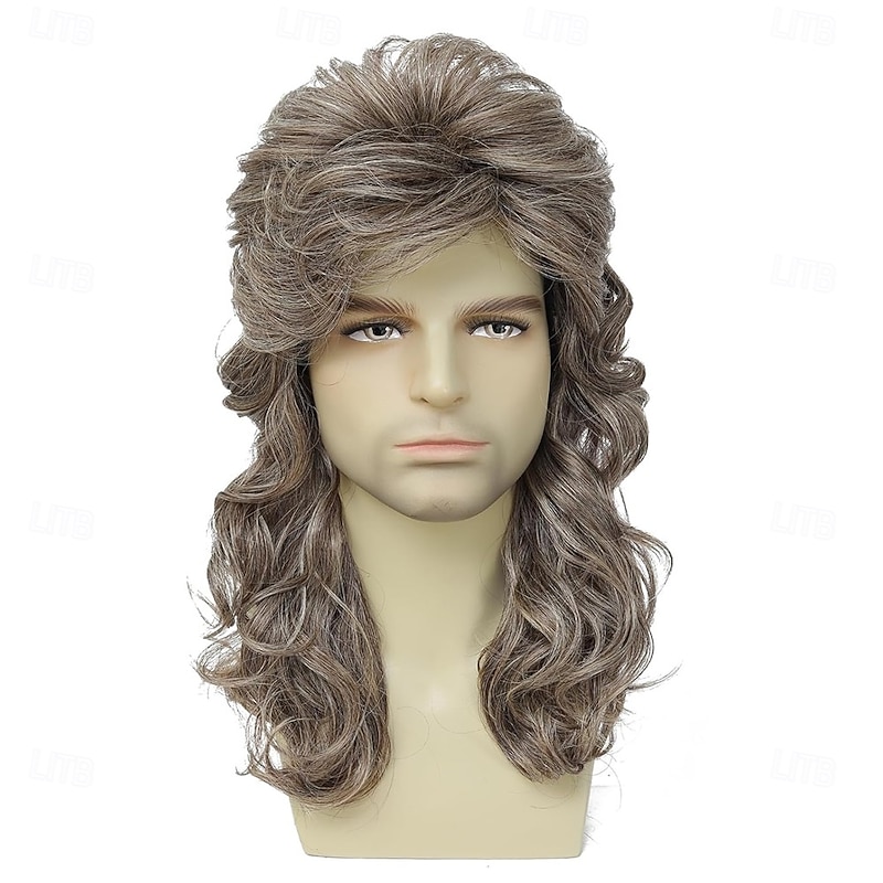 70s Style Retro Mullet Wig 80s Style Costume Long Wavy Brown Hair with Sunglasses Costume Accessory2