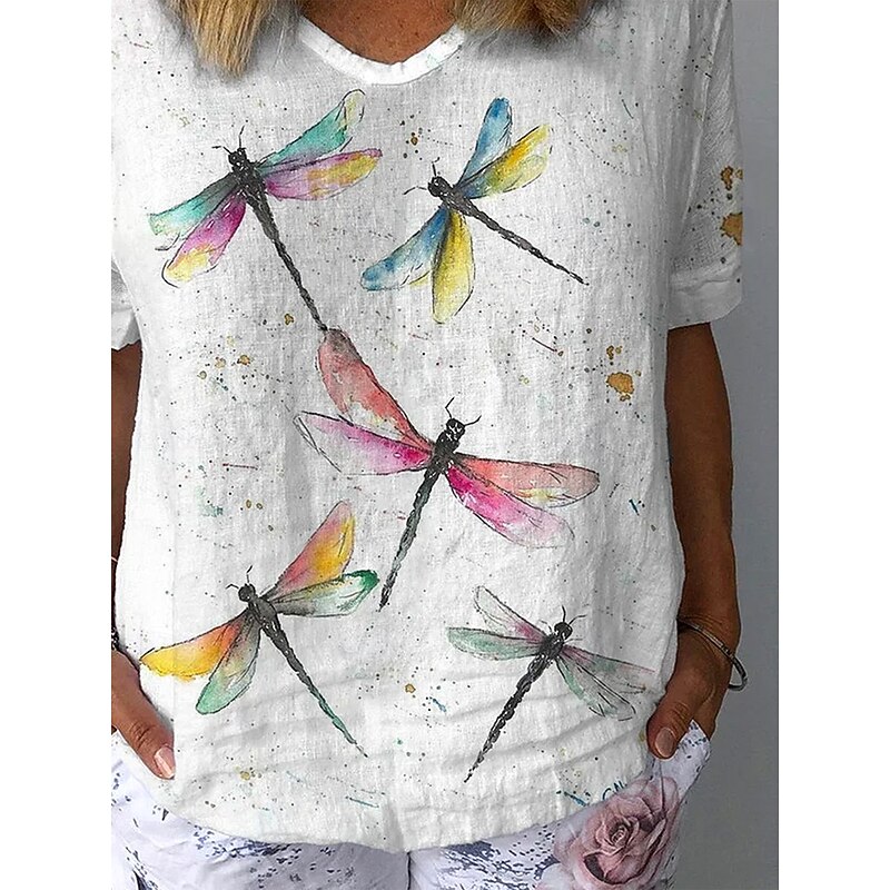 Women's T Shirt Graphic Dragonfly Vintage Stylish Classic Short Sleeve V Neck Regular Tops Daily Weekend Vacation Wear Print White Summer Spring Fall3