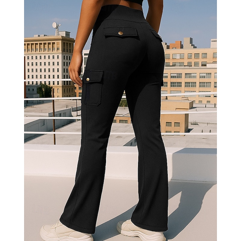 Women's Cargo Pants Flare Leggings Pockets High Waist Bottoms Athleisure Gym Workout Fall Quick Dry Breathable Tummy Control Gym Workout Outdoor Running Tight Fit Sportswear Activewear Solid Colored