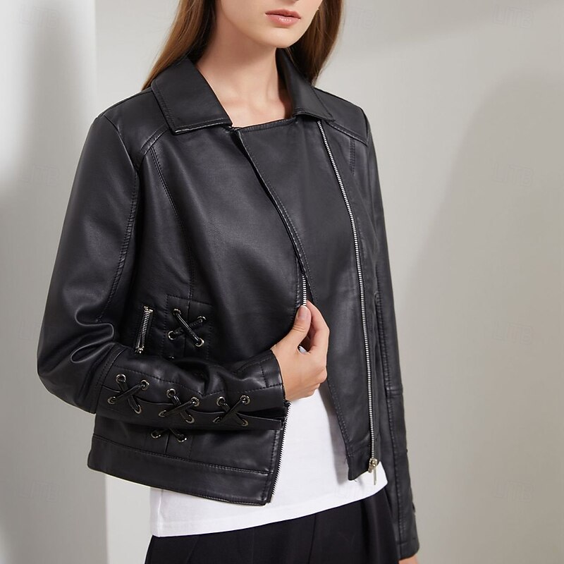 Women's Faux Leather Jacket Comfortable Full Zip Fashion Street Style Plain Outdoor Casual Daily Regular Turndown Regular Fit Long Sleeve Outerwear Black Red Green Spring Fall4