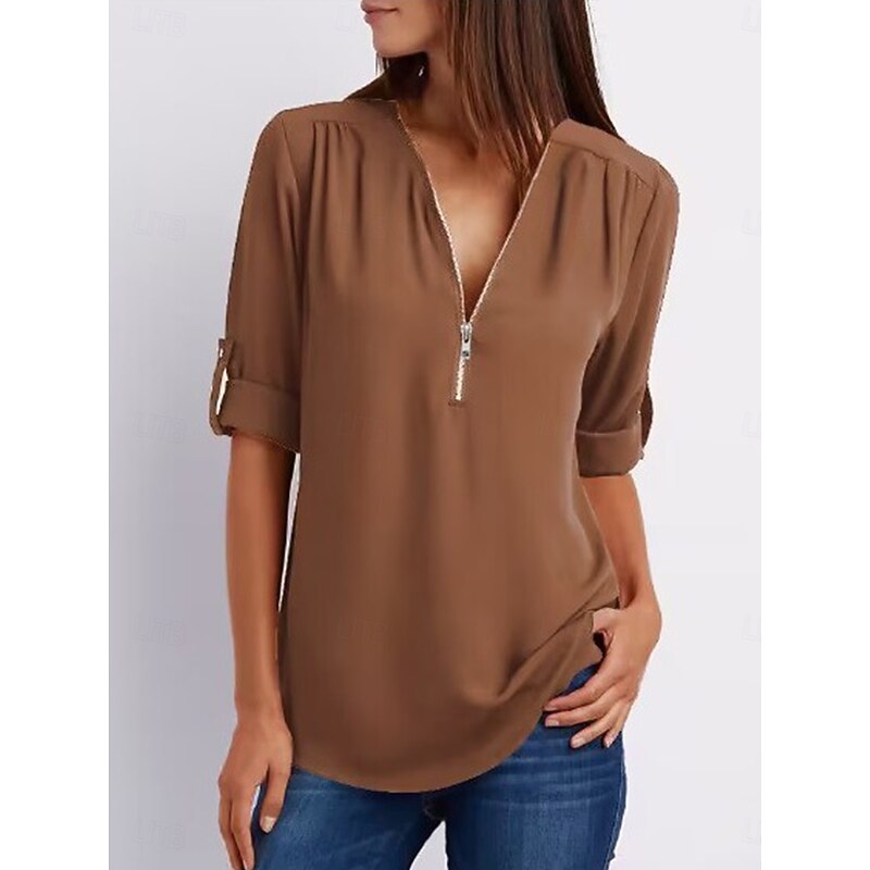 Women's Blouse Plain Daily Half Sleeve V Neck Regular Tops Daily Zipper Black Pink Brown Green Summer Spring Fall3