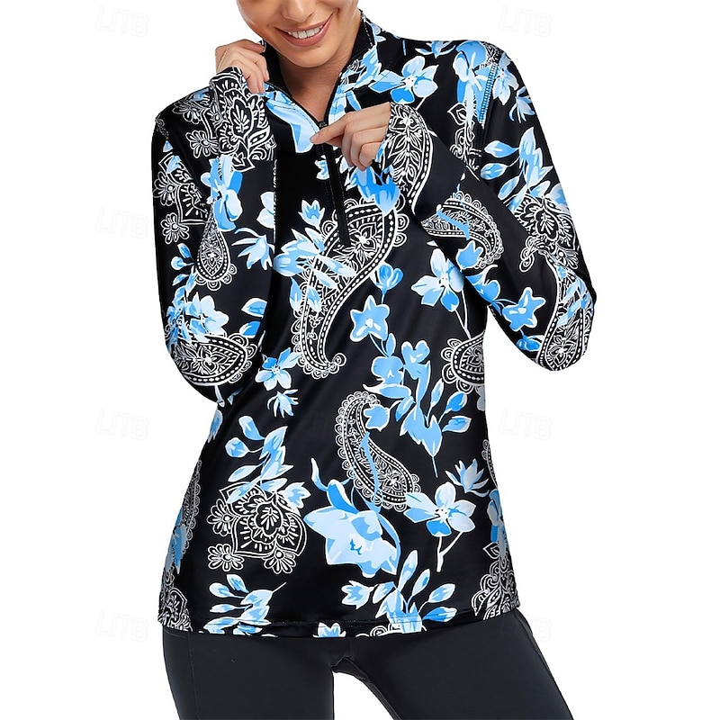 Women's Floral Botanical Golf Polo Shirt Tennis Shirt Long Sleeve Print Quarter Zip Pullover UV Protection Elastic Breathable Tennis Golf Pickleball Zip Collar Shirt Polo Blue Tennis Clothing