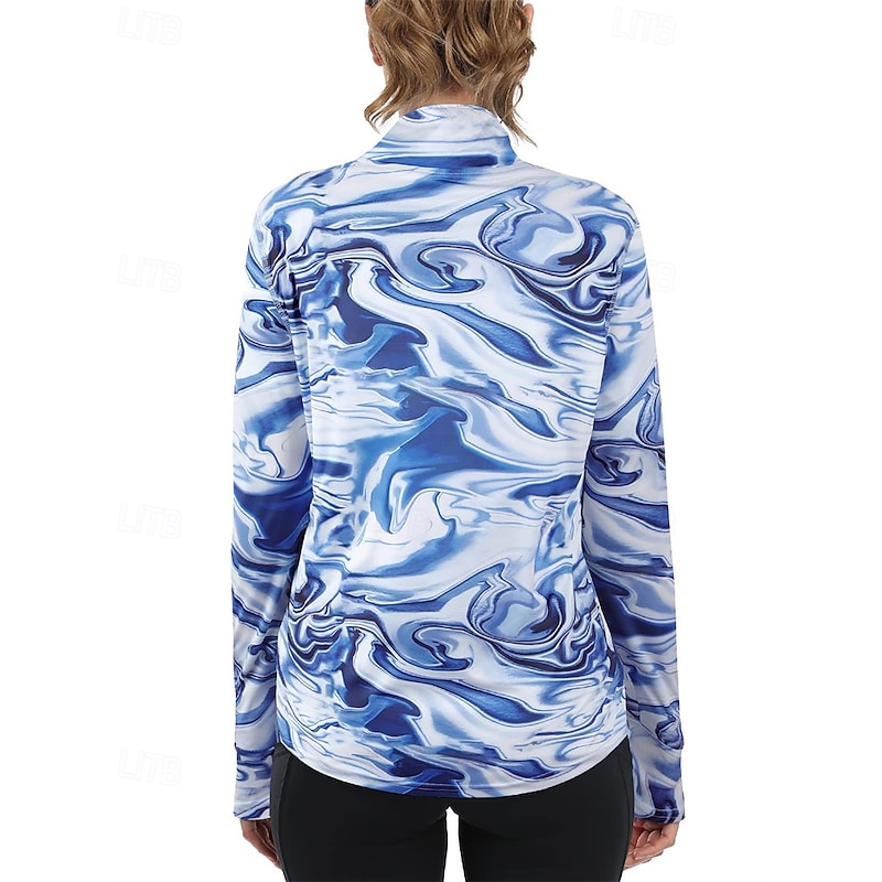 Women's Abstract Art Golf Polo Shirt Tennis Shirt Long Sleeve Print Quarter Zip Pullover UV Protection Elastic Breathable Tennis Golf Pickleball Zip Collar Shirt Polo Black Blue Tennis Clothing3
