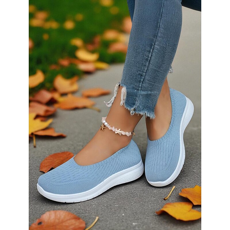 Women's Green Flyknit Walking Sneakers – Lightweight Slip-On Comfort Shoes for Outdoor Strolls, Shopping and All-Day Wear