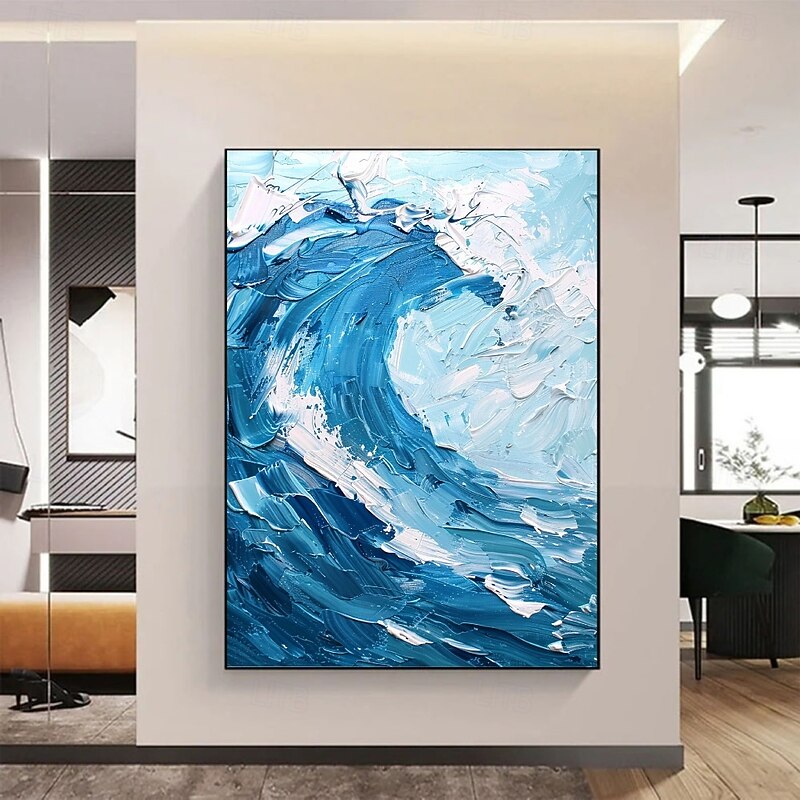 Hand-Painted 3D wave painting Dynamic Swirls waves oil paintings Hand-Textured Ocean Oil Painting  Bold Cobalt Waves in Black Gallery Frame painting ocean oil paintings2