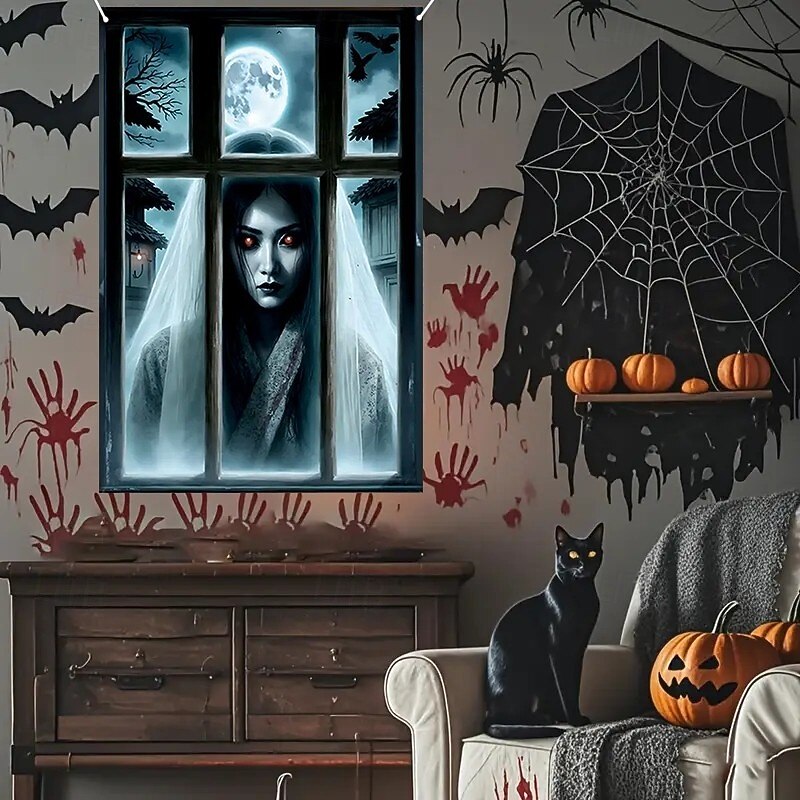 Halloween Window Curtain Creepy Ghost Woman Behind Frosted Glass, Horror Door Cover, Window cover,  Wall Tapestry for 2025 Halloween Haunted House Spooky Home Decoration4