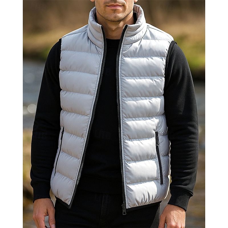 Men's Puffer Vest Thermal Vest Sleeveless Vest Outdoor Thermal Warm Comfortable Breathable Winter Zipper Polyester Grey Hunting Fishing Climbing
