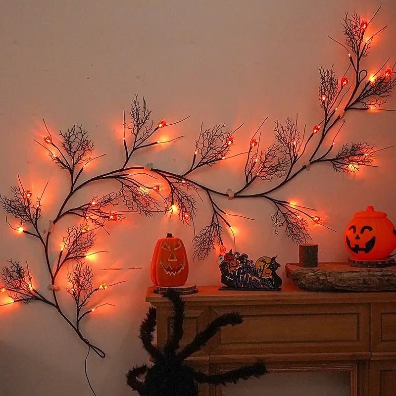 LED Halloween Pumpkin Lights Rattan Lights 1.8m 54leds Battery Powered 8 Modes Lighting Halloween Party Decoration Home Balcony Window Scene Decorations