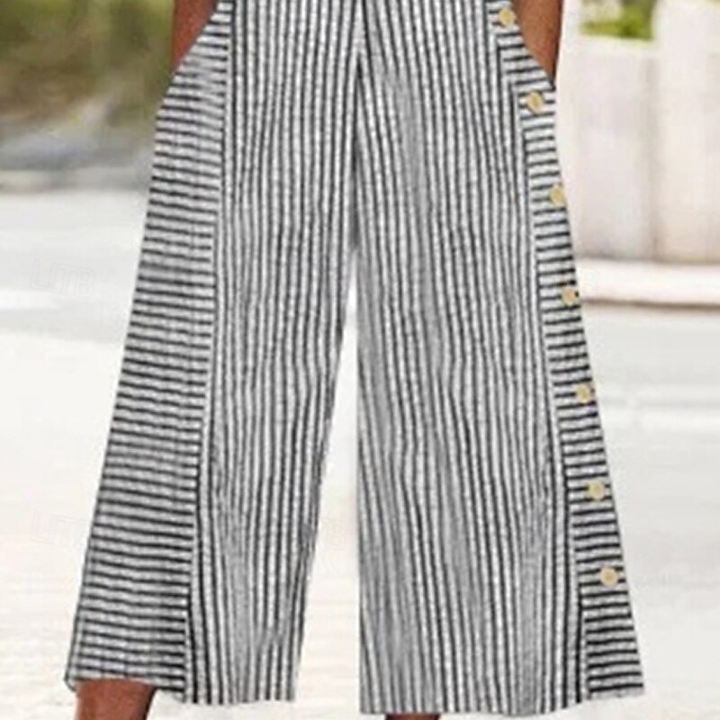 Women's Normal Jumpsuit Streetwear Striped Short Sleeve Wide Leg V Neck Pocket Print Street Daily Regular Fit Black Blue Summer4