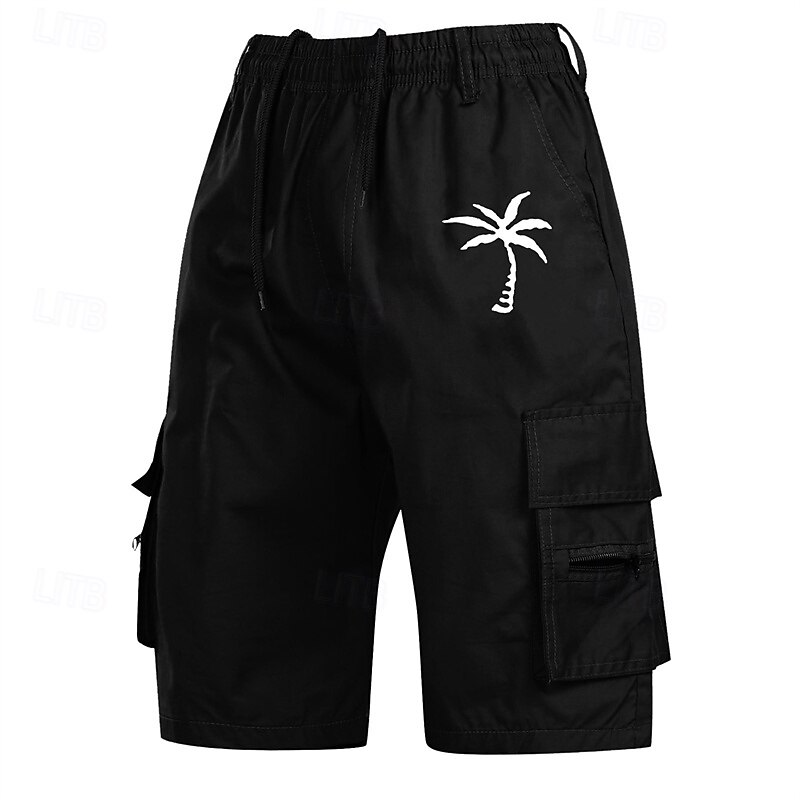 Men's Cargo Shorts Shorts Summer Shorts Elastic Waist Drawstring Multi Pocket Coconut Tree Comfort Wearable Knee Length Outdoor Sport Daily Fashion Casual Black Navy Blue3